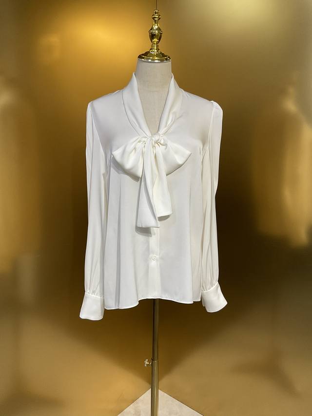 Dg New White 19 Momme Double Jojoba Silk Long-Sleeved Ribbon Shirt Smlxlxxl 6243