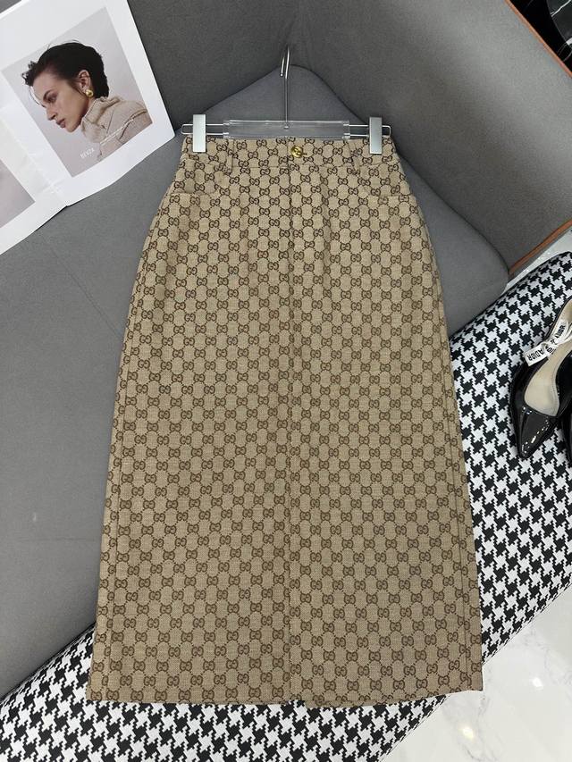 Gucc* 25Ss New Midi Skirt, Double G Jacquard Fabric, Elastic Waist with Letter D