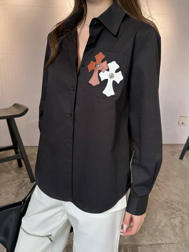 Chrome Heart* 26Ss New Long-Sleeve Shirt, Brown and White with Cross Leather Tag