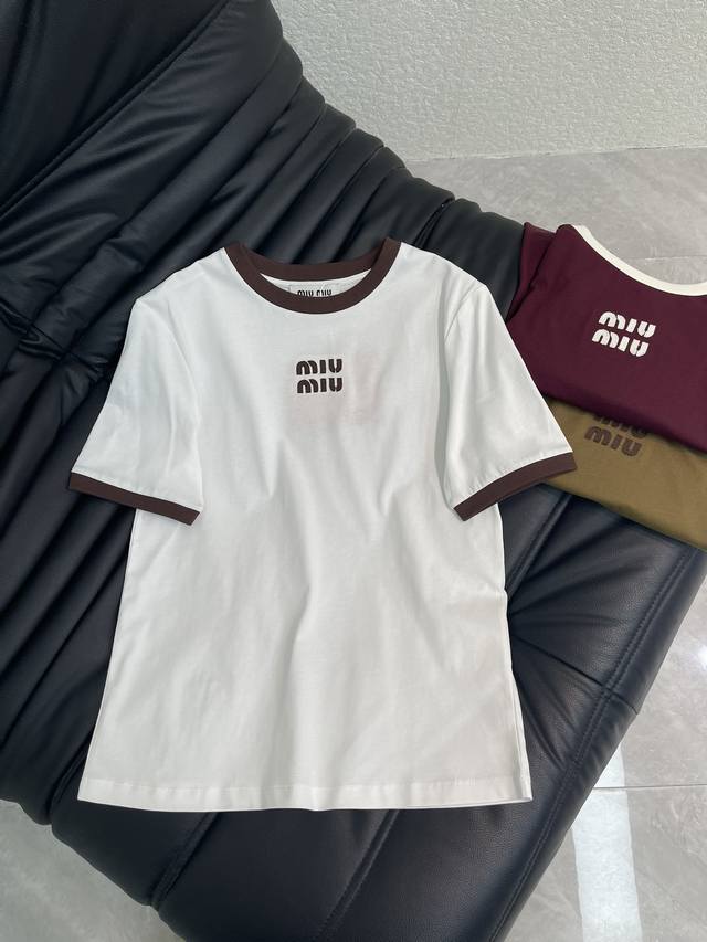 Miumi*26 Spring/Summer New Color-Blocked Crew Neck Logo Short-Sleeve T-Shirt. Ma