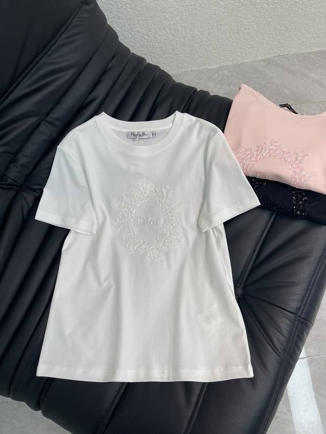 Dio*26 Spring/Summer New Crew Neck Embroidered Beaded Short-Sleeve T-Shirt. Made