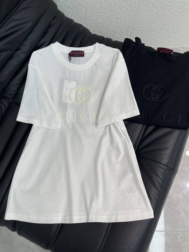 Gucc*26 New Arrival Double G Beaded Embroidered Short-Sleeve T-Shirt High-end me