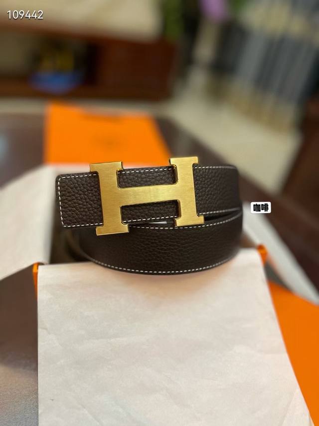 3.8cm, Hermes classic H brushed gold palladium buckle, imported Togo calfskin li