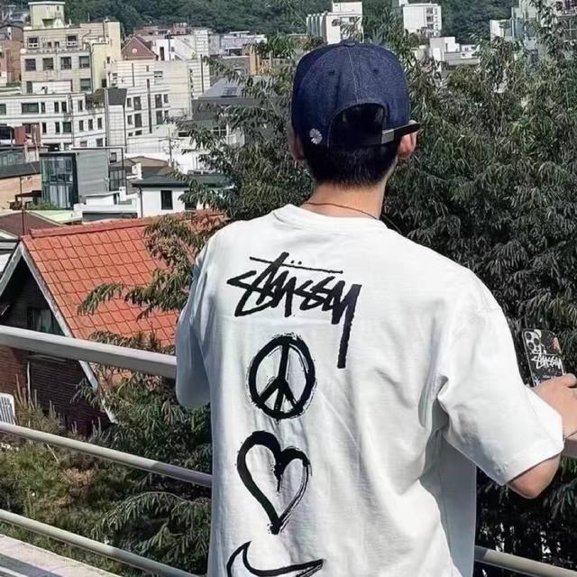 W642# Stussy X Nike Heart Print Unisex Short-Sleeve White T-Shirt Original Craft