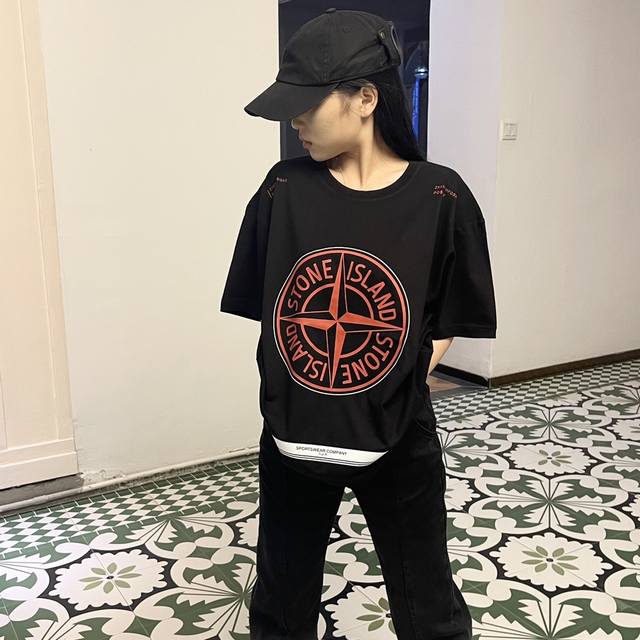 W616# Stone Island Summer New Style Short-Sleeve T-Shirt with Red Compass Print