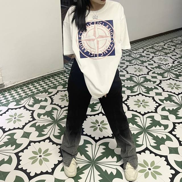 W615# Stone Island Summer New Short-Sleeve T-Shirt with Large Compass Print on t