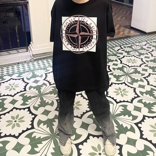 W615# Stone Island Summer New Short-Sleeve T-Shirt with Large Compass Print on t