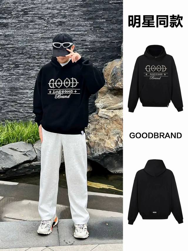款号436 加绒加厚 Gb-Goodbrand 2025Fw Loveisgood十字珍珠标语连帽卫衣 男女同款 Colors:黑色 Size:S-Xl