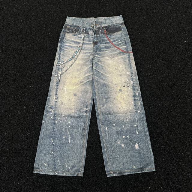 款号358 Ac风格平替1981F喷墨涂鸦做旧宽松阔腿休闲牛仔裤3D打印系列的神裤 方便平台定制的磨毛无弹薄款面料 尺码：M-Xxl