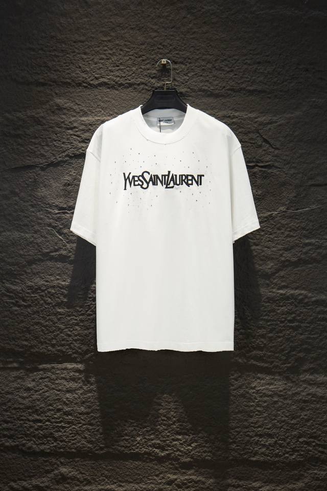 Style No.: 3002# YSL New Distressed Embroidered Rhinestone Short-Sleeve T-Shirt