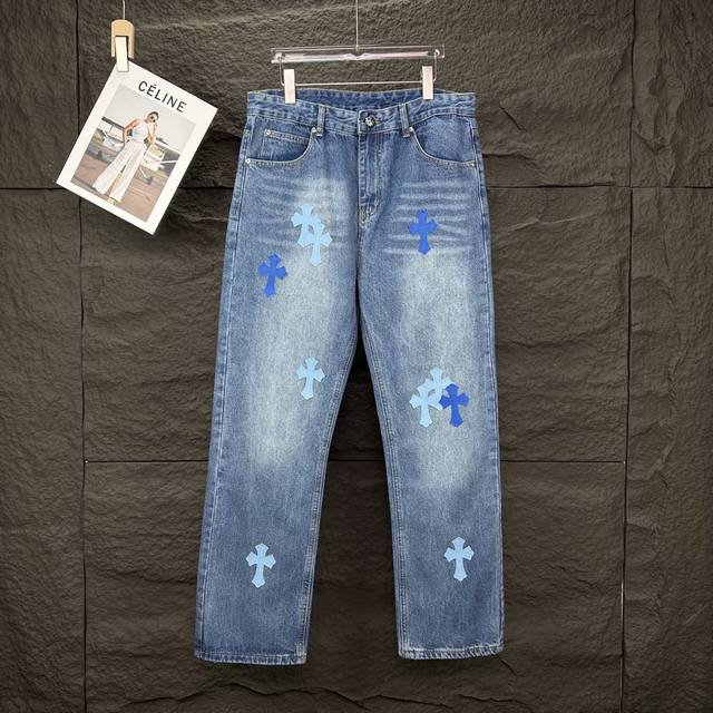 Chrome Hearts 2025 New Blue Cross Patchwork Couple Style Washed Jeans High Versi