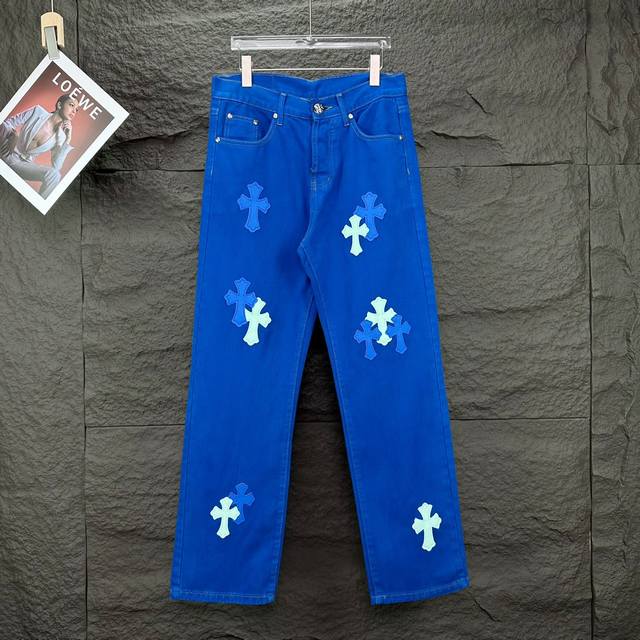 Chrome Hearts 2025 New Heavy-Duty Dopamine Blue Cross Patchwork Couple Style Was