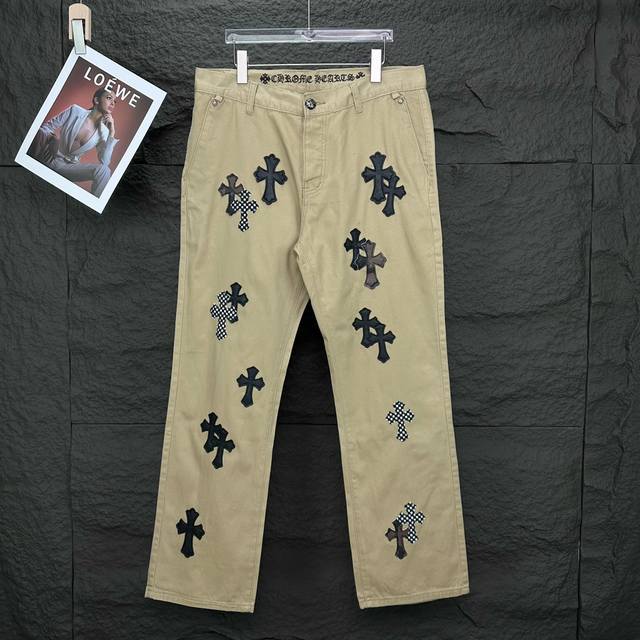 Chrome Hearts New Solid Color All-Over Print Cross Leather Jeans High Version To