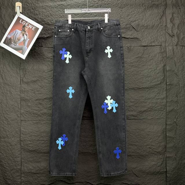 Chrome Hearts New Cross Blue Pink Leather-Patched Washed Jeans High-Quality Vers