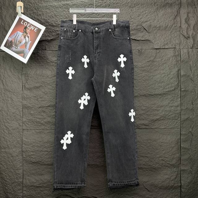 Chrome Hearts New Cross White Leather-Patched Washed Jeans High-Quality Version