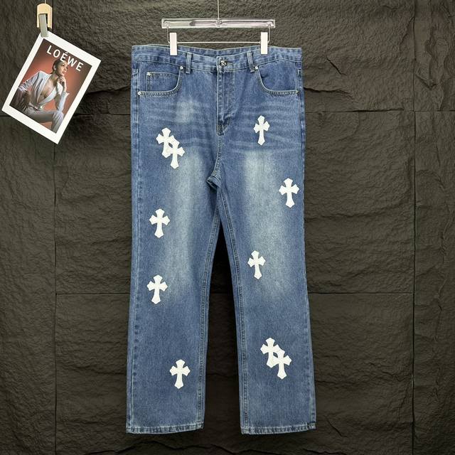 Chrome Hearts New Cross White Leather-Patched Washed Jeans High-Quality Version