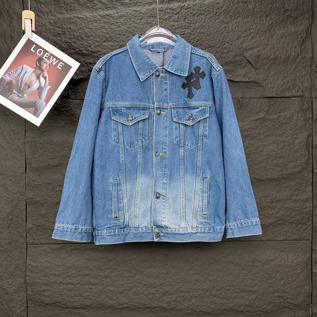 Chrome Hearts New Heavy-Duty Black Cross Patchwork Couple Style Washed Denim Jac