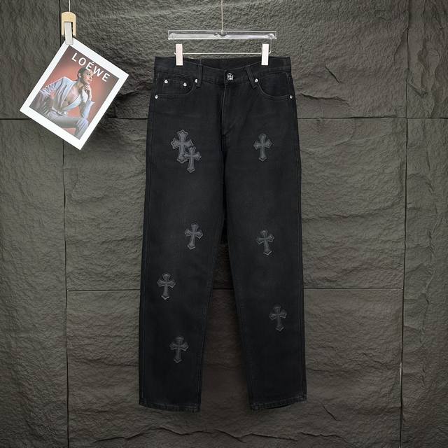 Chrome Hearts New Black Cross Patchwork Washed Jeans High-Quality Version Top-Ti