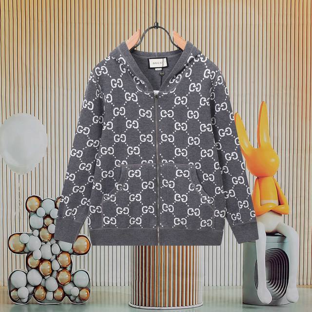 Gucci Classic Reversible Style Double G Jacquard Cashmere Blend Hooded Cardigan