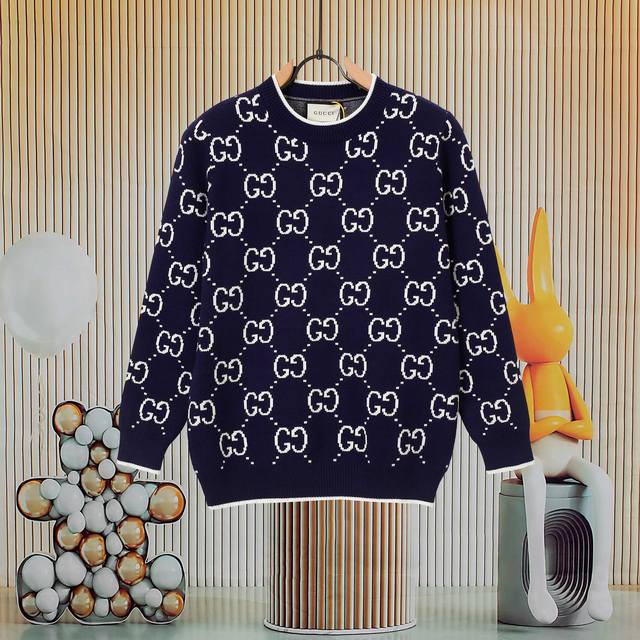 Gucci Boutique Top-Tier Replica GG Wool Jacquard Sweater. This blue knit sweater