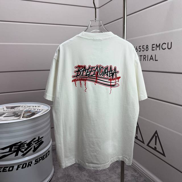 Balenciag 2026 Spring/Summer New Washed Distressed 320g Crew Neck Short Sleeve T