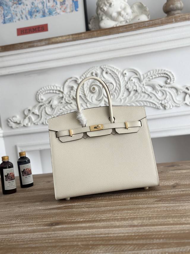 Bk Imported Epsom Leather Hand-stitched Waxed Thread Color: Milkshake White, Gol