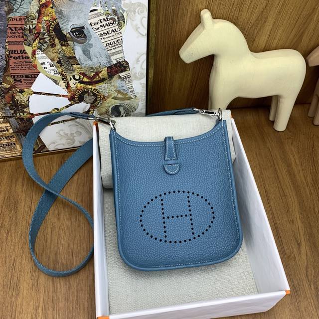 Mini Evelyn 17cm Imported Clemence Leather Denim Blue and Silver Buckle Exquisit