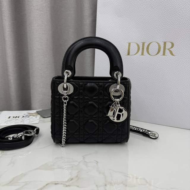 Three-Compartment Black Lambskin Lady Dior Bag with Silver Buckle - Item No.: M0