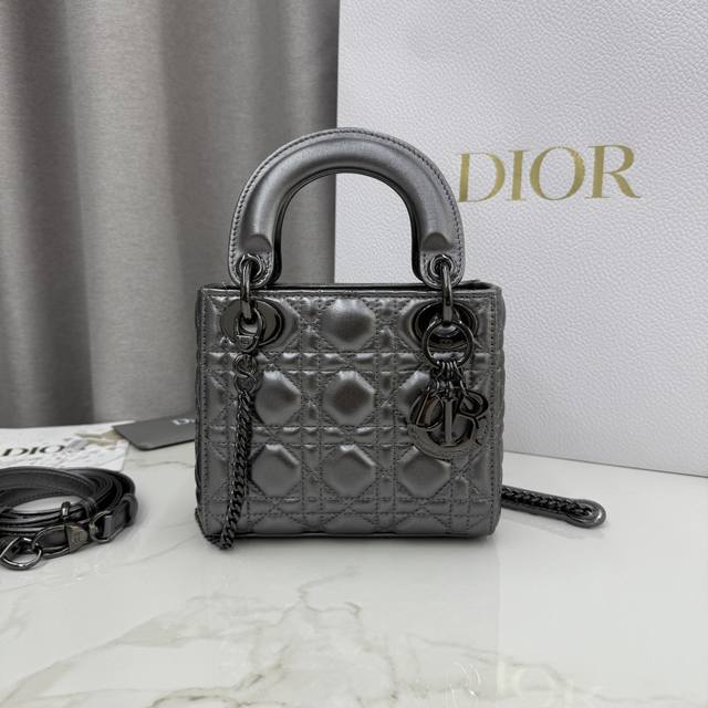 Three-Compartment Gunmetal Lambskin Lady Dior Bag with Gun Buckle - Item Number: