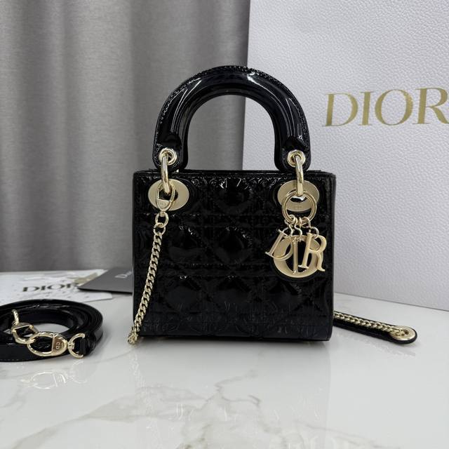 Three-Compartment Black Patent Leather Lady Dior Bag with Gold Buckle - Item No.