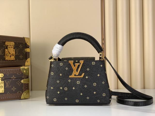 原单精品 N48865黑色 钻Logo 蜥蜴纹全皮Cap那英款 Capucines Mini 手袋 Capucines Mini Hl手袋精巧融合雍容蜥蜴皮外层