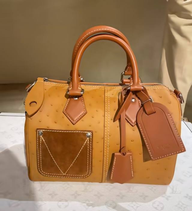 M89119棕色 鸵鸟 正品图 全皮Speedy枕头包 Speedy BandoulièRe 25 手袋
