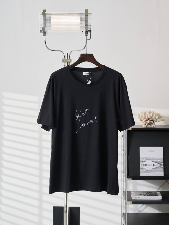Real-life hanging photo of Saint Laurent YSL vibrant print crew neck short-sleev