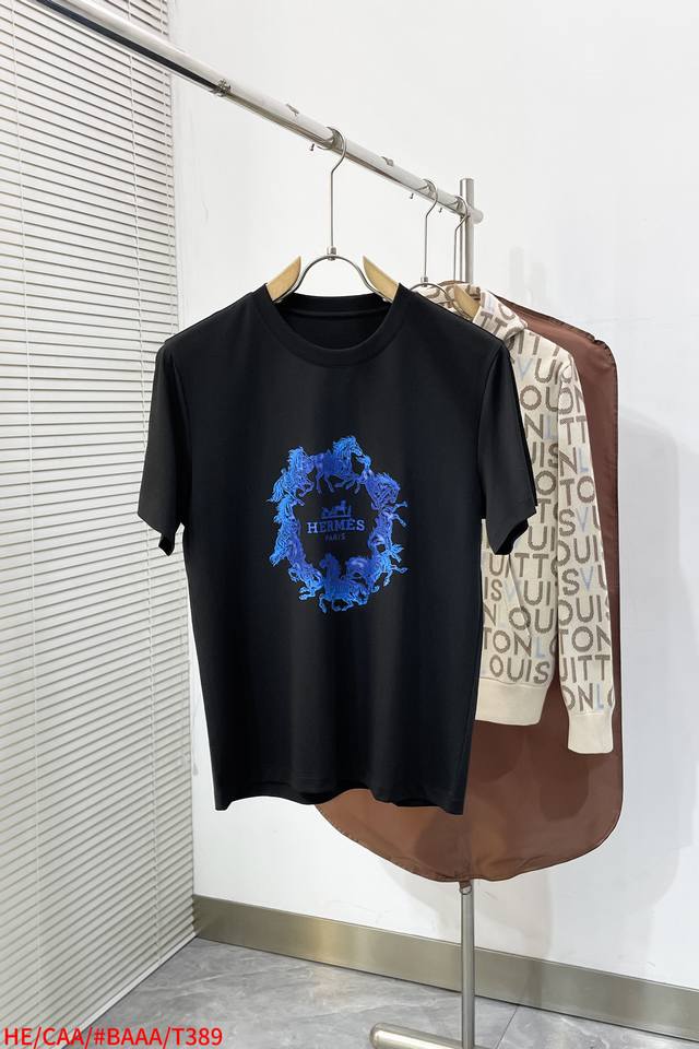 T389 Hermes 2026 Spring/Summer New Arrival - Latest Pattern Logo Short-Sleeve T-