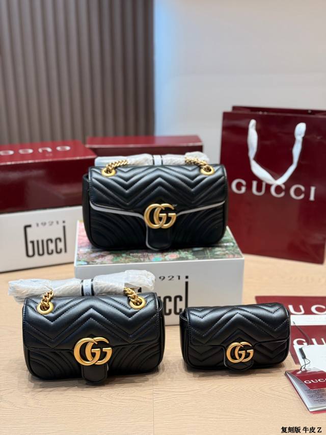 顶级原单 小羊皮 Gucci Gg Marmont链条包 Gucci Gg Marmont链条包绗缝小牛皮＋复古金 色双G Logo，优雅又经典” 容量适中，手