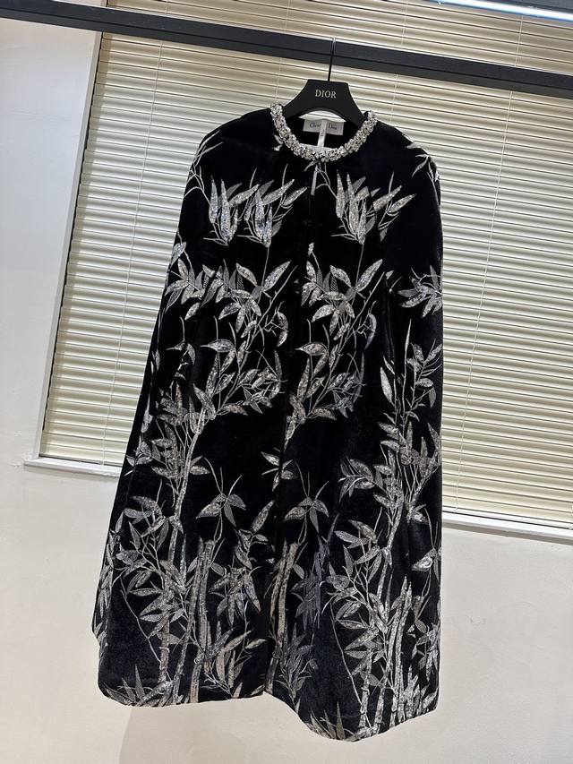 Dio Haute Couture Bamboo Leaf Embroidered Velvet Cape. The silver bamboo leaf em