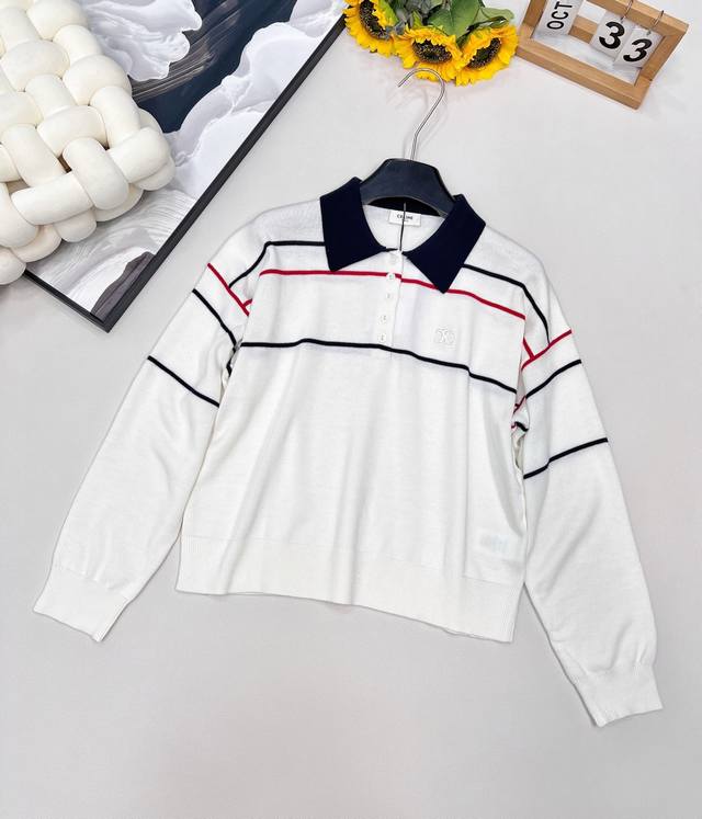 Celine25秋冬新款线条设计polo衫，来自南法风情夏日的学院风上衣 宽松落肩厢版，更加的量感版型，显瘦度拉满 偏短款的经典版型，演绎别致polo学院穿搭