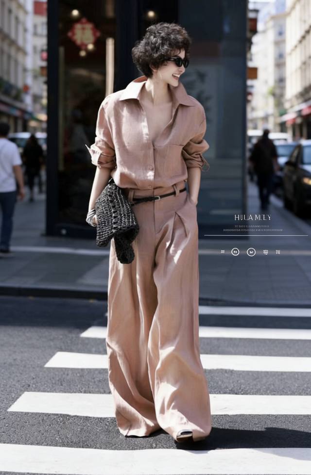 Set Old-fashioned light pink linen set, shirt and wide-leg pants, simple and hig