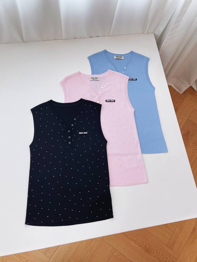 This is a Miu-style rhinestone V-neck knit vest, available in black, pink, and l
