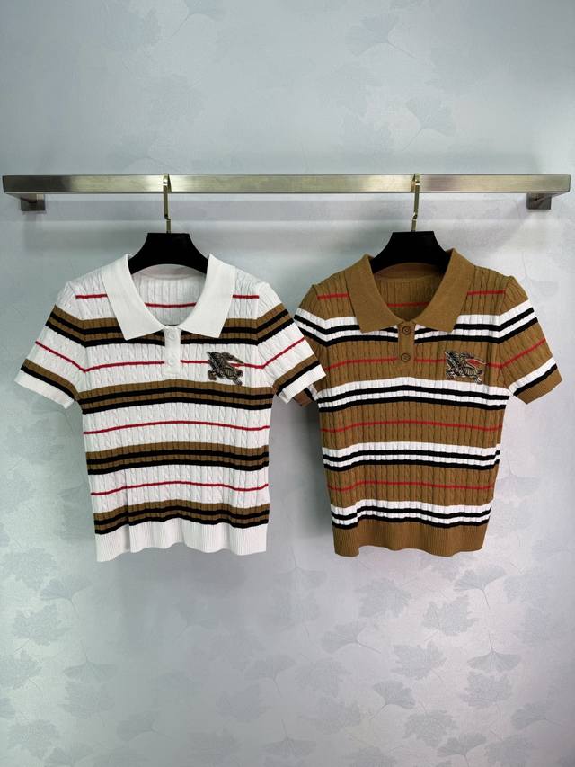Burberr* 2026 Spring/Summer New Striped Collar Knit Short-Sleeve T-Shirt! Made w