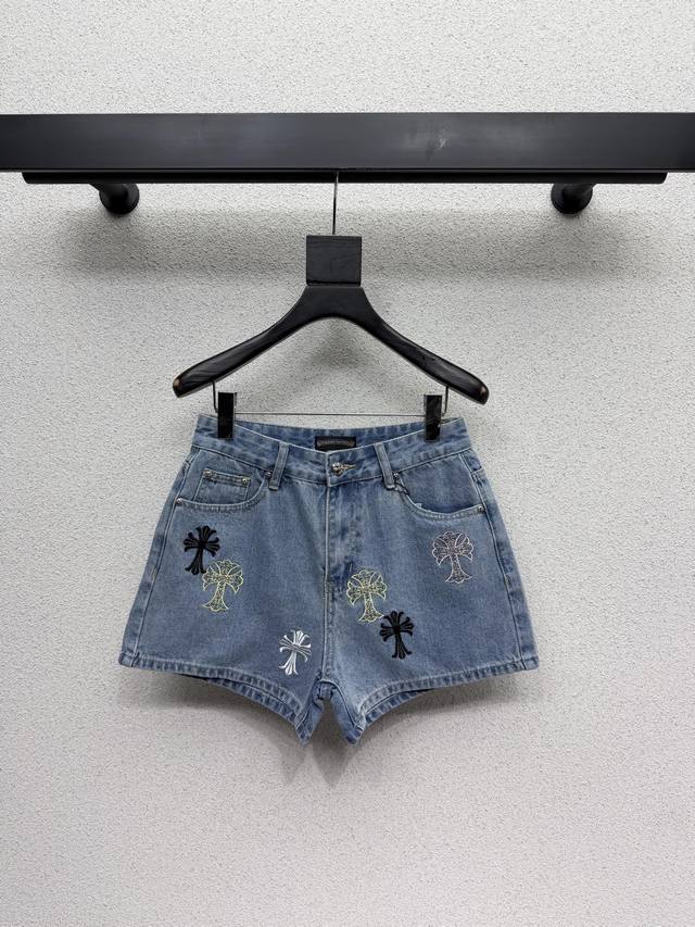 Chrome Hearts Colorful Embroidered Cross Denim Shorts are made of vintage blue w