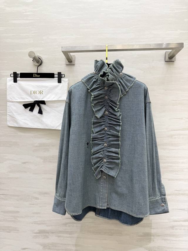 Dio2 Ruffled Denim Shirt: Wear retro romance on your skin. The light blue washed