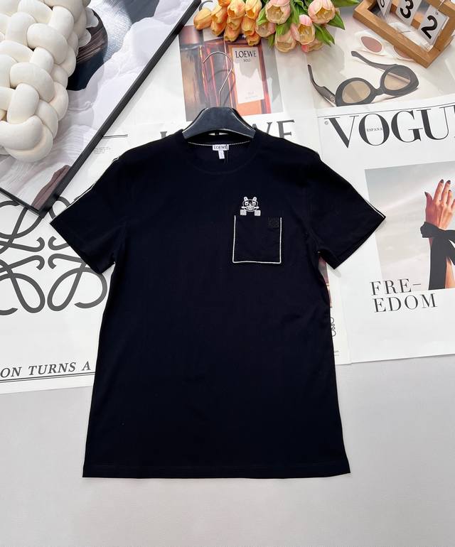 Loewe 2025 New Crew Neck Pocket Embroidered Logo Short-Sleeve T-Shirt, Loewlouis
