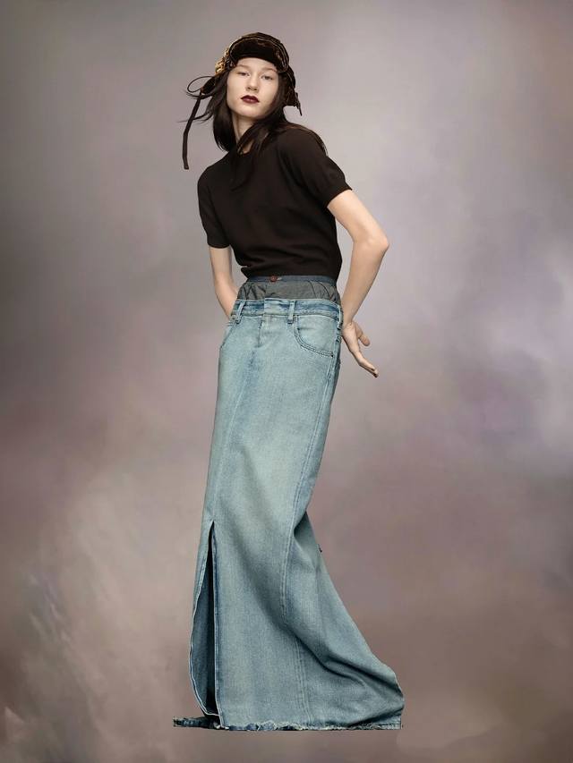 Mm Double-waisted washed denim maxi skirt! Cotton Sml DDD