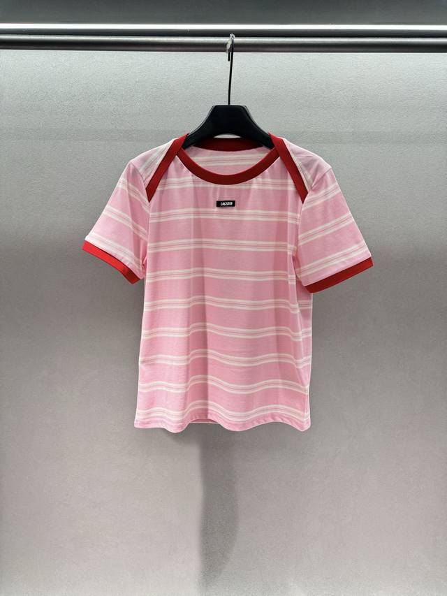 2690 Spring & Summer! Lacer*Ta, striped patchwork T-shirt, soft and fluffy pink