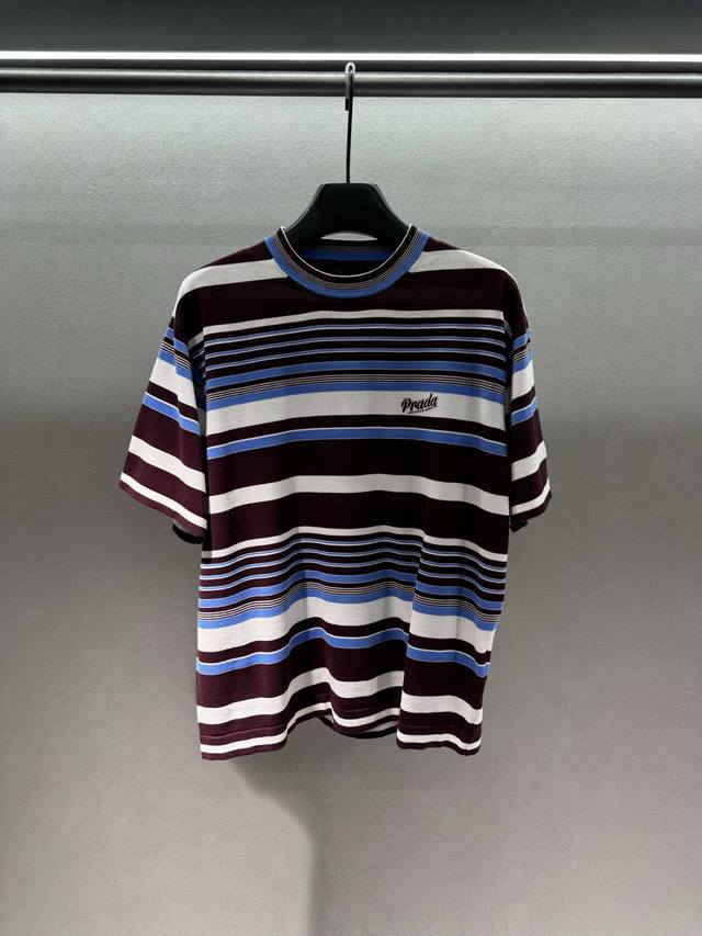 2690 Spring & Summer DDD! prad*, Knitted Striped T-shirt, The burgundy base colo