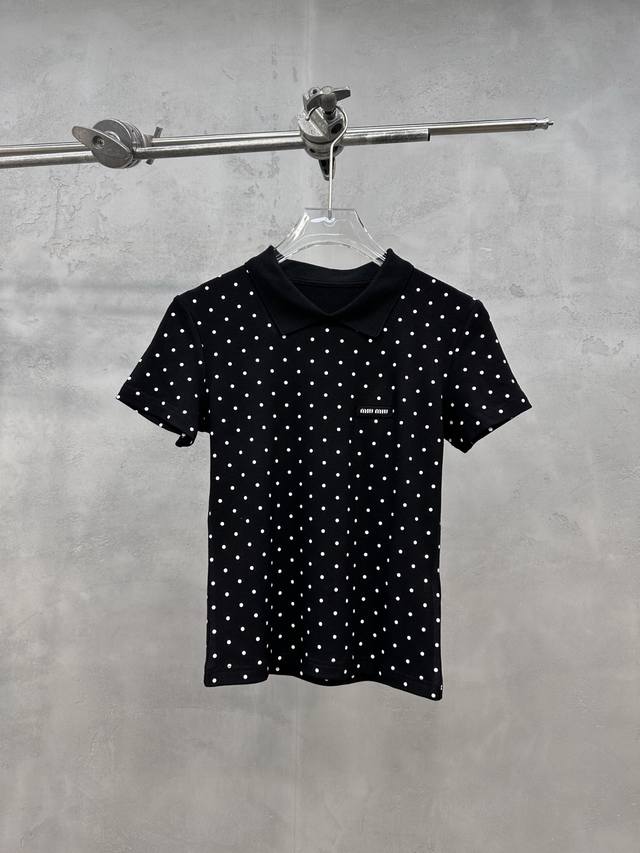 Miu | New short-sleeved polo shirt, polka dot print on raw cotton fabric, stylis
