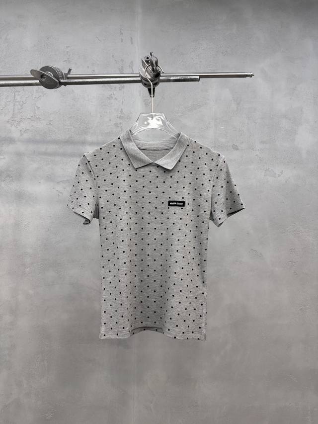 Miu | New short-sleeved polo shirt, polka dot print on raw cotton fabric, stylis