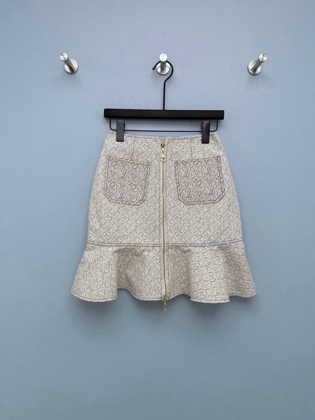 Louis Vuitto *26 New All-Over Monogram 3D Print Denim Fishtail Mini Skirt, Beige