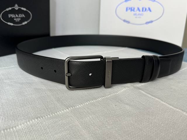 Prada men's rotating pin buckle, double-sided cross-grain design, a stylish and